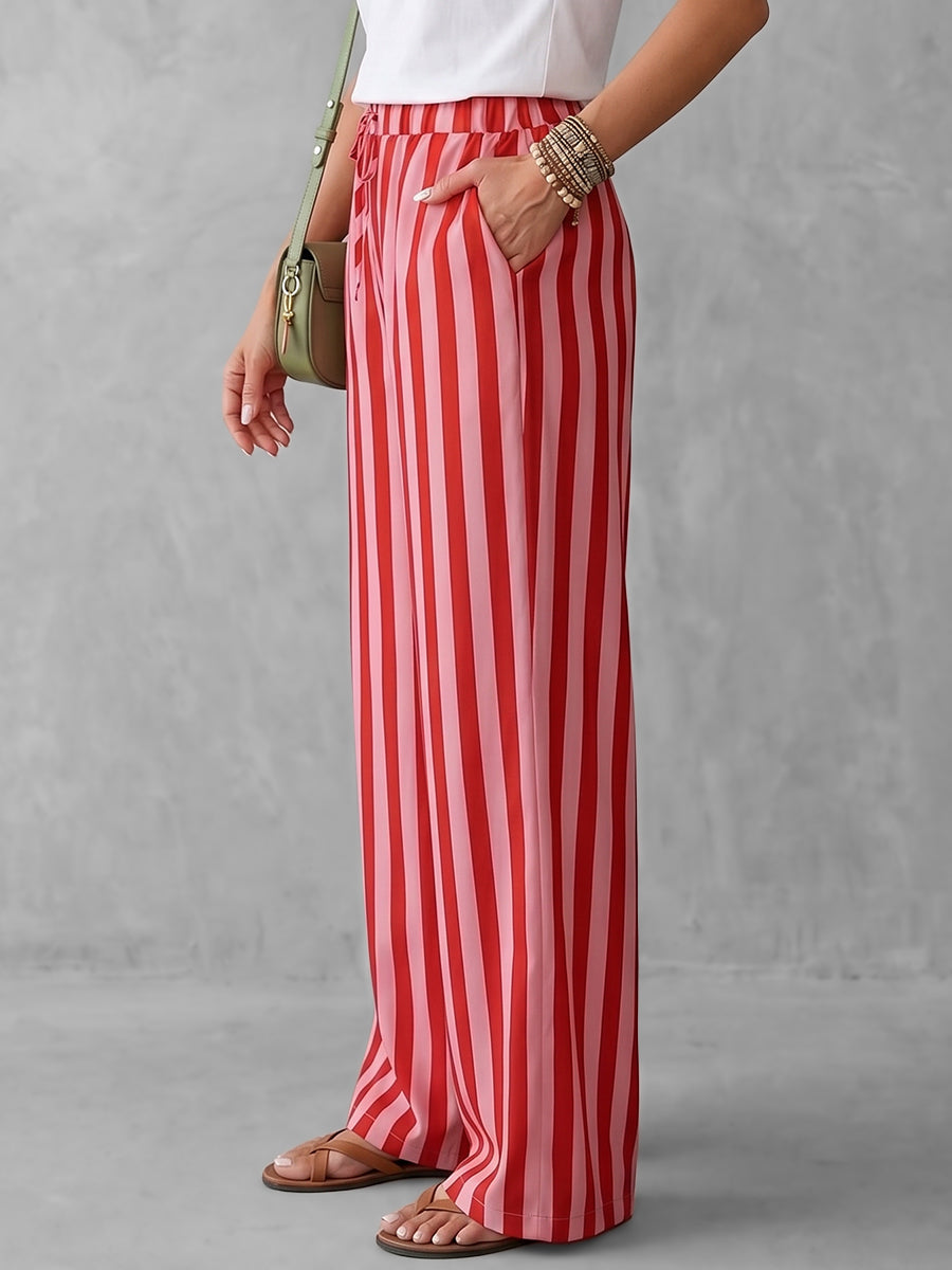 High Waisted Loose Contrast Color Drawstring Elasticity Pockets Striped Pants Trousers