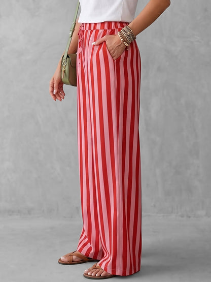 High Waisted Loose Contrast Color Drawstring Elasticity Pockets Striped Pants Trousers