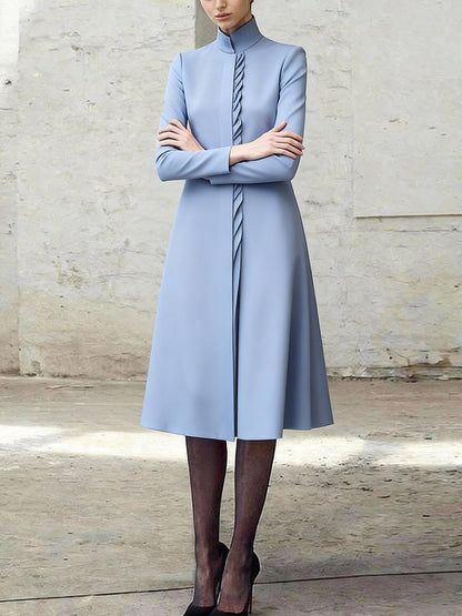 A-Line Bodycon Asymmetric Pleated Pockets Solid Color Split-Joint Stand Collar Midi Dresses