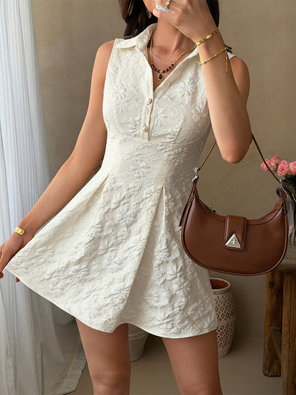 A-Line High Waisted Buttoned Jacquard Pleated Solid Color Lapel Mini Dresses