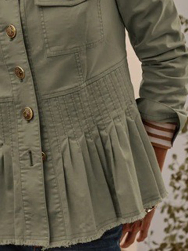 Long Sleeves Buttoned Pleated Split-Joint Stand Collar Outerwear