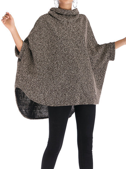 Batwing Sleeves High-Low Solid Color High Neck Knitwear Pullovers Sweater Tops