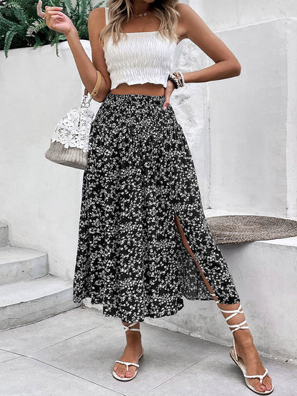 A-Line High Waisted Contrast Color Flower Print Skirts Bottoms