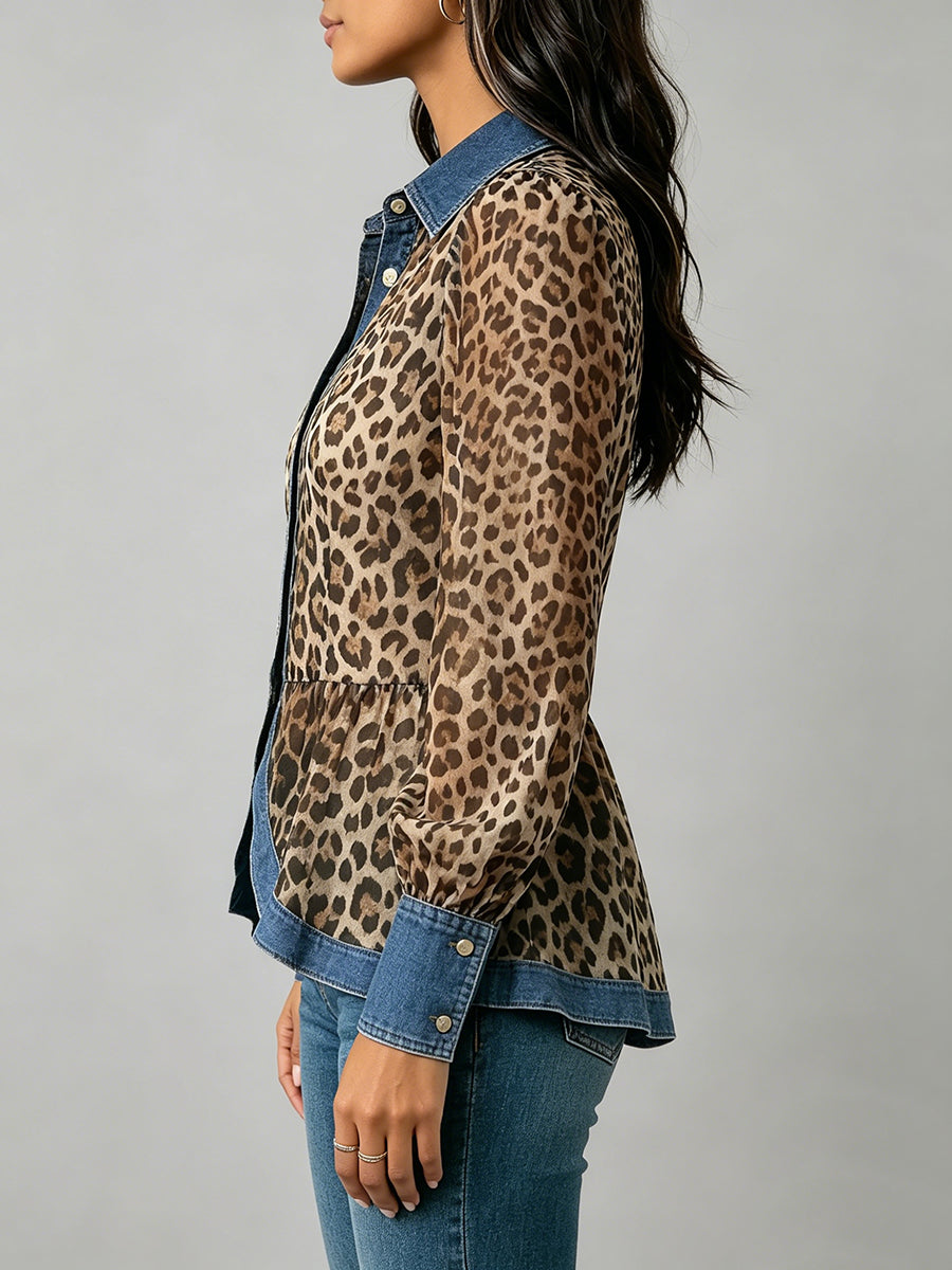 Long Sleeves Puff Sleeves Buttoned Contrast Color Leopard Pleated Split-Joint Lapel Blouses&Shirts Tops