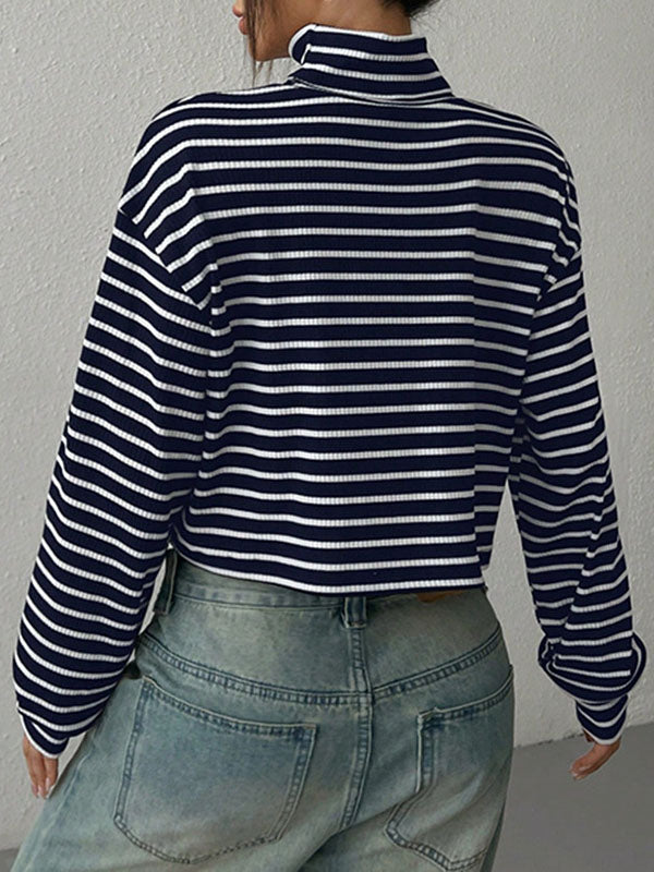 Long Sleeves Loose Contrast Color Split-Joint Striped High Neck T-Shirts Tops