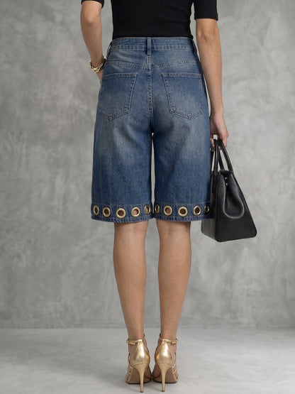High Waisted Wide Leg Buttoned Hollow Pockets Solid Color Split-Joint Jean Pants Bottoms Shorts Bottoms