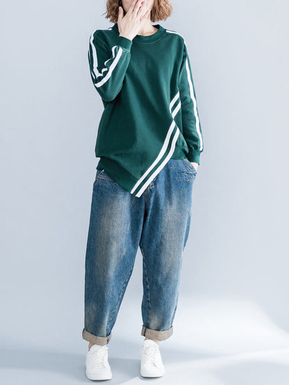 Cropped Long Sleeves Striped Round-Neck Hoodies&Sweatshirt