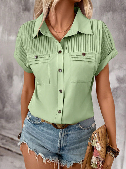Loose Short Sleeves Buttoned Pleated Solid Color Lapel Blouses&Shirts Tops