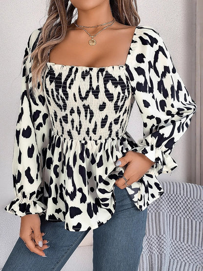 Long Sleeves Puff Sleeves Leopard Pleated Ruffled Square-Neck T-Shirts Tops