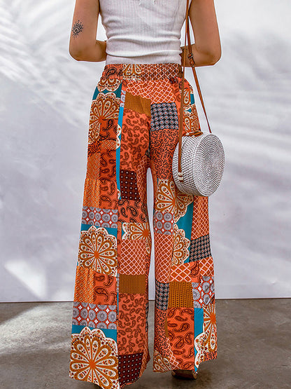 High Waisted Loose Drawstring Pleated Printed Pants Trousers