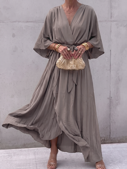 Tied Solid Color See-Through Pleated Asymmetric Plus Size Long Sleeves V-neck Maxi Dresses