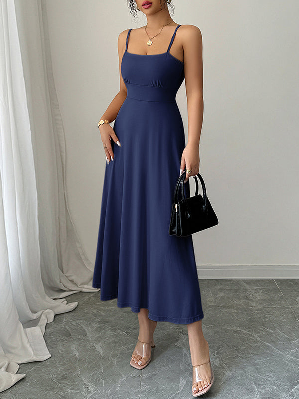 A-Line High Waisted Backless Pleated Solid Color Spaghetti-Neck Midi Dresses