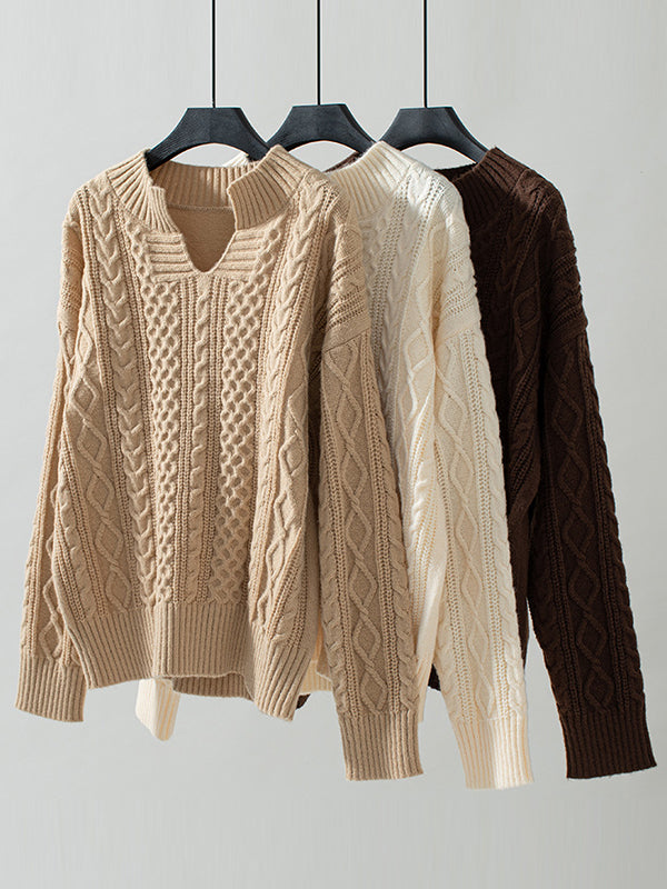 Long Sleeves Loose Solid Color Split-Joint V-Neck Pullovers Sweater Tops