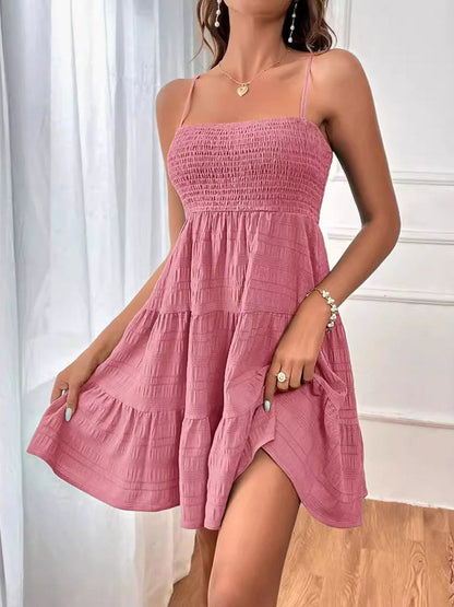 Elasticated Waist High Waisted Pleated Solid Color Split-Joint Spaghetti-Neck Mini Dresses