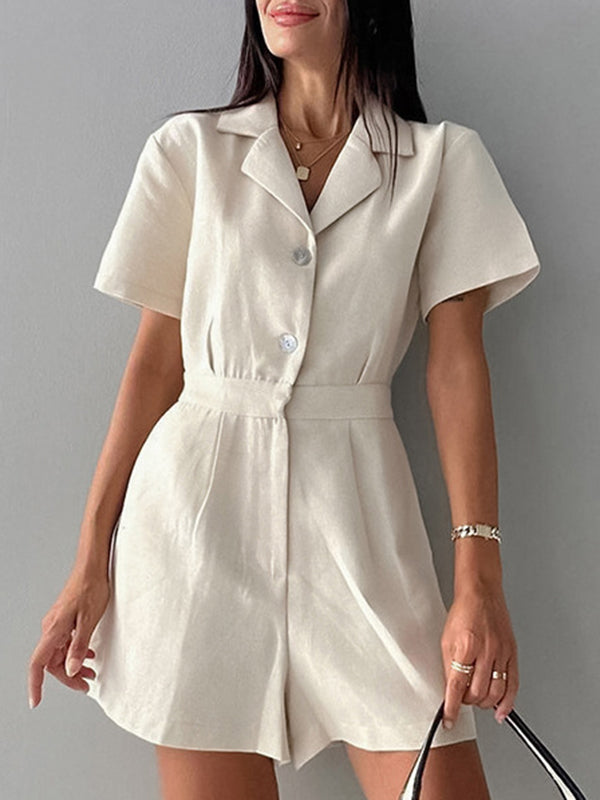 High Waisted Loose Buttoned Pleated Pockets Solid Color Split-Joint Notched Collar Rompers