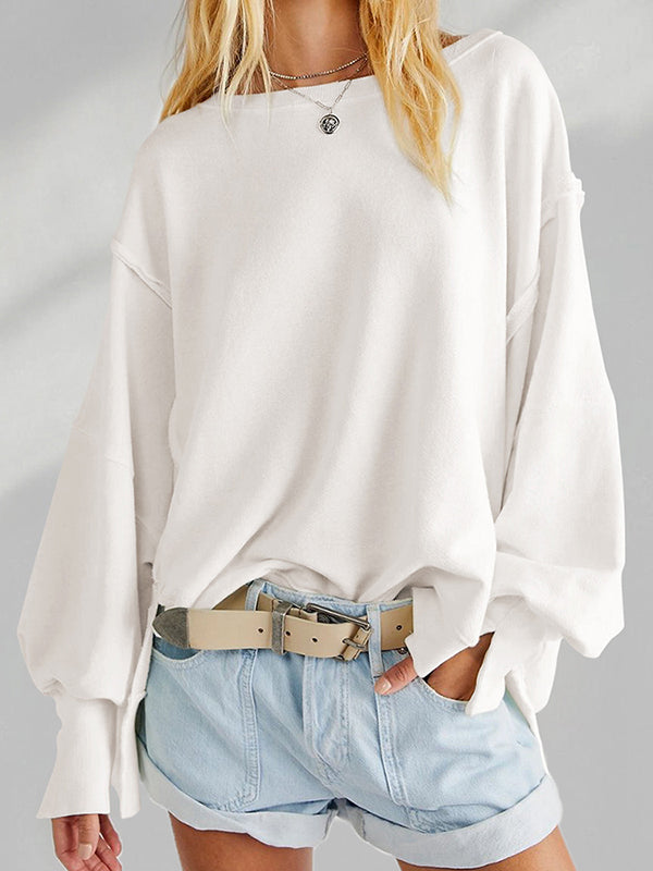 Long Sleeves Loose Fringed Solid Color Split-Joint Split-Side Round-Neck Sweatershirt