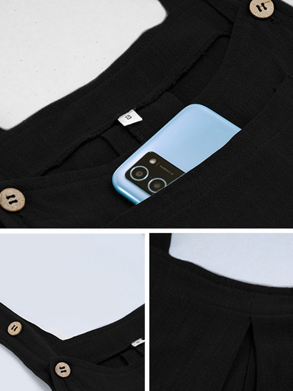 Loose Sleeveless Pleated Pockets Split-Joint Spaghetti-Neck Overalls