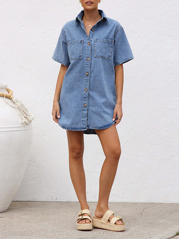 Loose Short Sleeves Split-Joint Lapel Mini Dresses Shirt Dress
