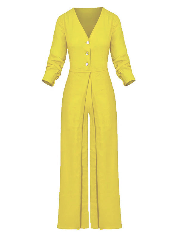 High Waisted Long Sleeves Buttoned Pockets Solid Color V-Neck Jumpsuits