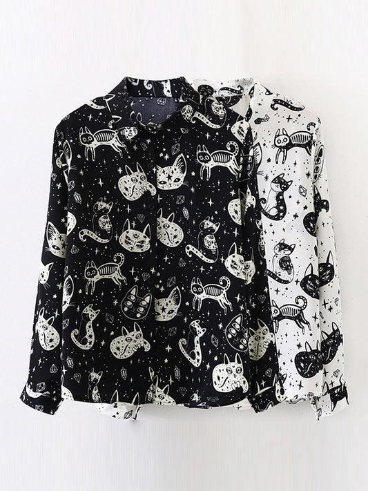 Long Sleeves Loose Animal Printed Buttoned Lapel Blouses&Shirts Tops
