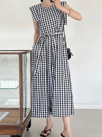 High Waisted Loose Plaid Pockets Tied Waist Round-neck Jumpsuits