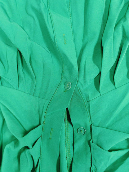 Elasticated Waist High Waisted Buttoned Pleated Solid Color Split-Joint Tied Waist Lapel Maxi Dresses Shirt Dress
