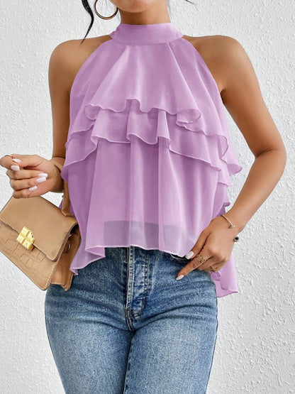 Sleeveless Hollow Ruffle Trim Solid Color Split-Joint Halter-Neck Tank Top