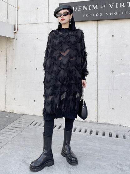 Irregularity Long Sleeves Asymmetric Mesh Pockets See-Through Solid Color Split-Joint Tasseled Stand Collar Midi Dresses