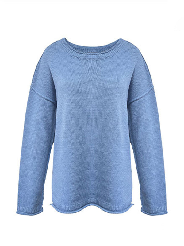 Long Sleeves Loose Solid Color Split-Joint Round-Neck Sweater Tops