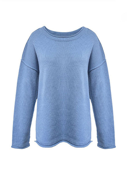 Long Sleeves Loose Solid Color Split-Joint Round-Neck Sweater Tops