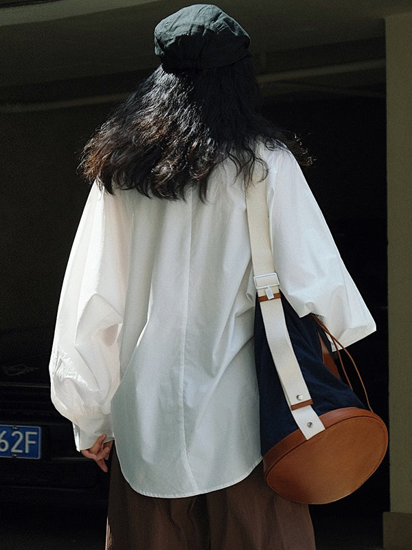 Casual Loose Puff Sleeves Solid Color Lapel Blouses