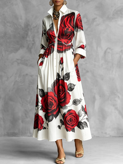 Split-Joint Pockets Pleated Flower Print Contrast Color Buttoned Three-quarter Sleeves Loose Lapel Shirt Dress Maxi Dresses