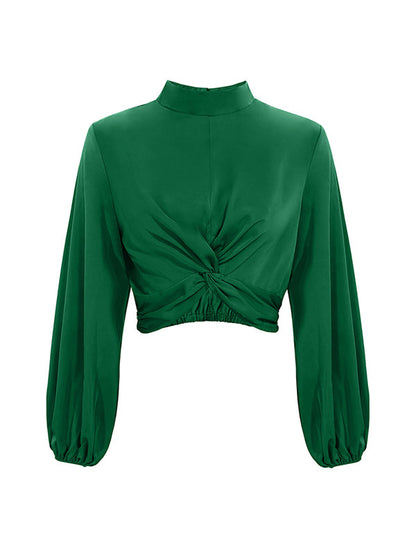 Long Sleeves Puff Sleeves Elasticity Hollow Knot Pleated Ruffled Mock Neck Blouses&Shirts Tops