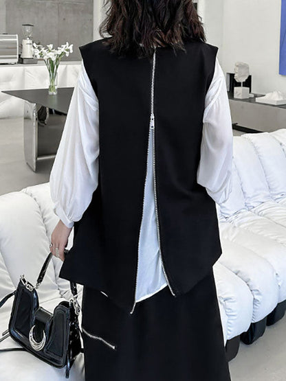 Loose Sleeveless Asymmetric Zipper Round-Neck Vest Top