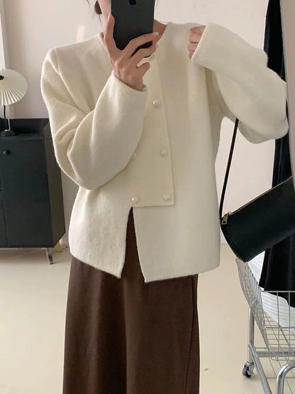 Long Sleeves Loose Asymmetric Buttoned Solid Color Split-Front Round-Neck Cardigan Tops