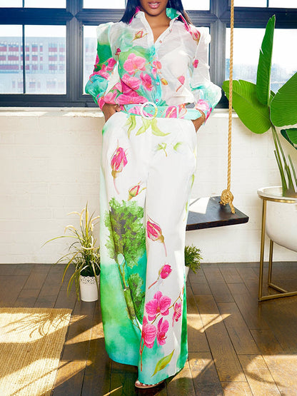 Long Sleeves Loose Floral Printed Gauze See-Through Split-Joint Lapel Blouses&Shirts Tops