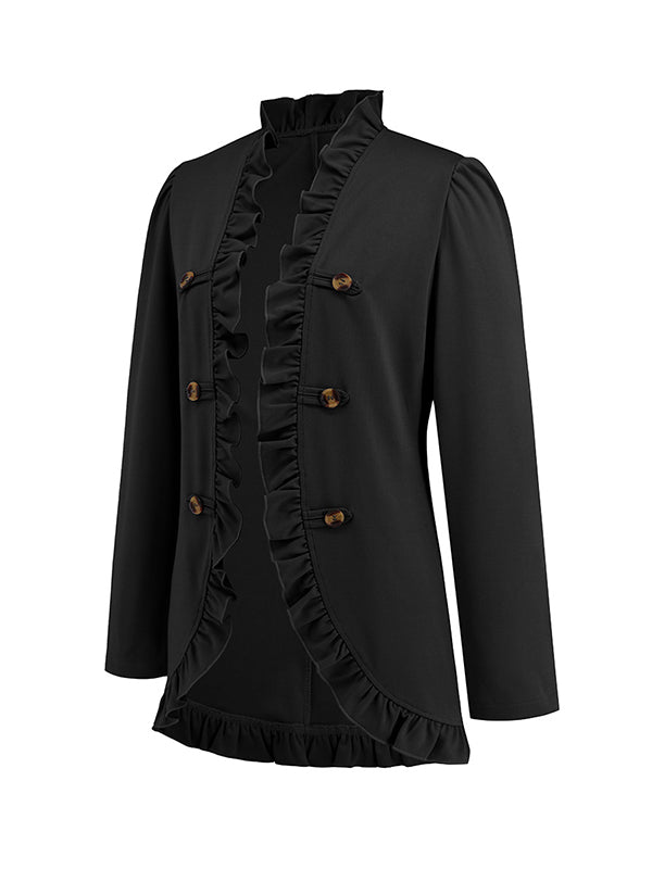 Long Sleeves Loose Buttoned Ruffled Collarless Outerwear