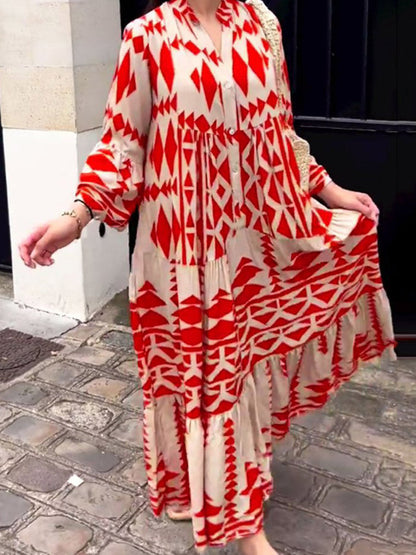 A-Line Long Sleeves Buttoned Contrast Color Pleated Printed Split-Joint Stand Collar Maxi Dresses Shirt Dress