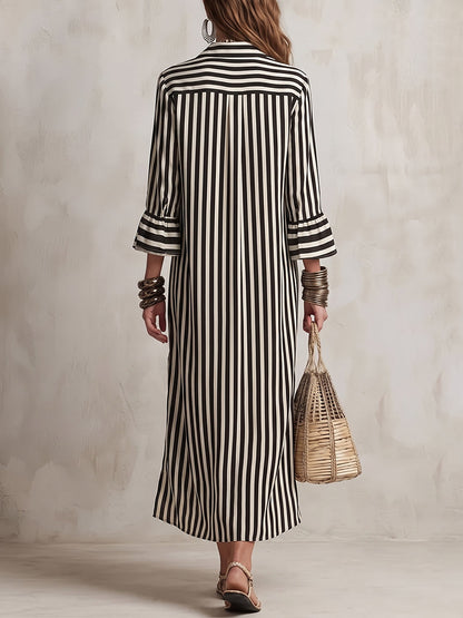Striped Split-Joint Contrast Color Three-quarter Sleeves Ruffle Sleeves Lapel Midi Dresses