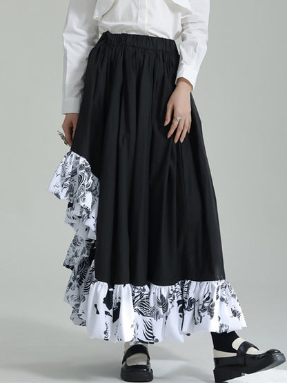 High Waisted Loose Asymmetric Elasticity Pleated Printed Ruffled Split-Joint Skirts Bottoms