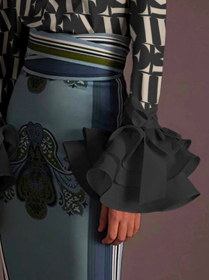 Flared Sleeves Long Sleeves Buttoned Letter Print Lapel Blouses&Shirts Tops