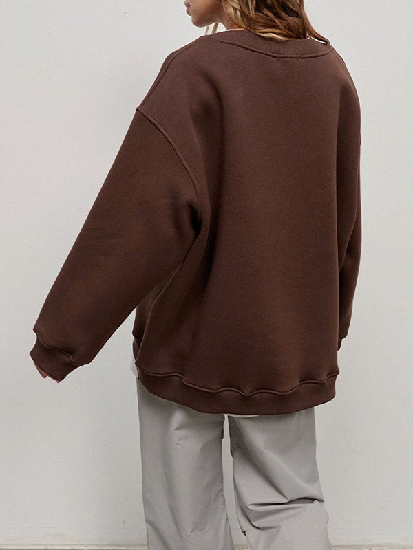 Long Sleeves Loose Solid Color Round-Neck Sweatshirt Tops