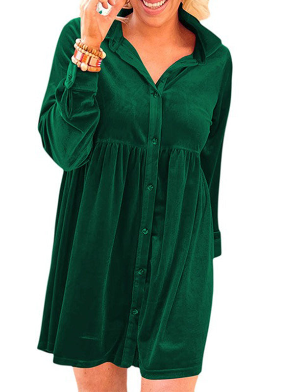Long Sleeves Loose Pleated Split-Joint Velvet Lapel Mini Dresses Shirt Dress