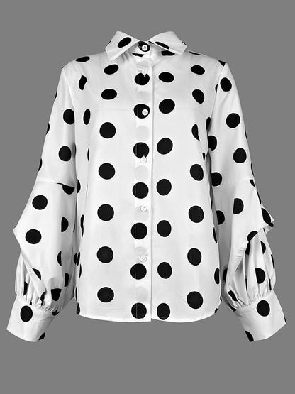 Long Sleeves Loose Buttoned Polka-Dot Split-Joint Lapel Blouses&Shirts Tops