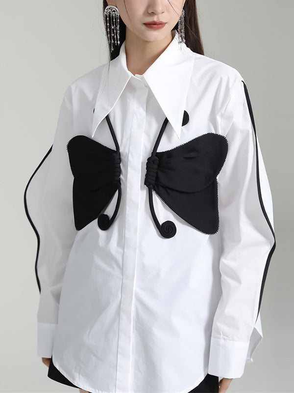 Long Sleeves Loose Butterfly Shape Buttoned Lapel Blouses&Shirts Tops