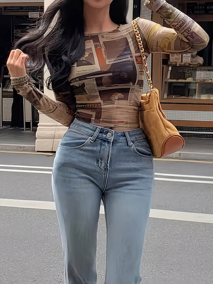 Long Sleeves Skinny Contrast Color Printed Split-Joint Round-Neck T-Shirts Tops