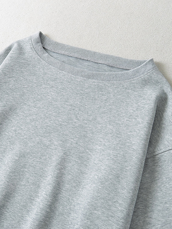 Long Sleeves Loose Solid Color Split-Joint Round-Neck Sweatshirt Tops