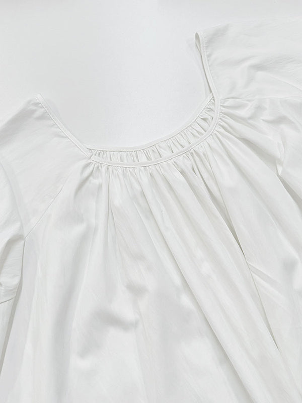 Flared Sleeves Loose Pleated Solid Color Split-Joint Round-Neck Maxi Dresses