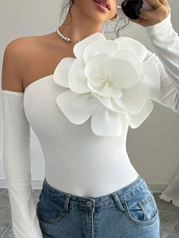 Long Sleeves Skinny Solid Color Three-Dimensional Flower One-Shoulder T-Shirts Tops