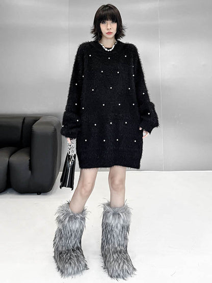 Long Sleeves Loose Beads Contrast Color Shiny Split-Joint Round-Neck Mini Dresses Sweater Dresses